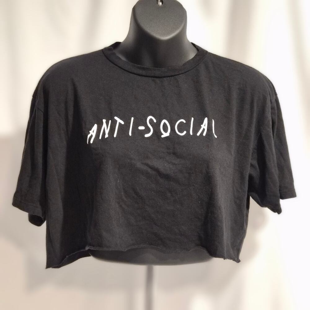 OOTDFash Anti-Social Black Crop Top Graphic Tee Y2K Edgy Streetwear Size L
